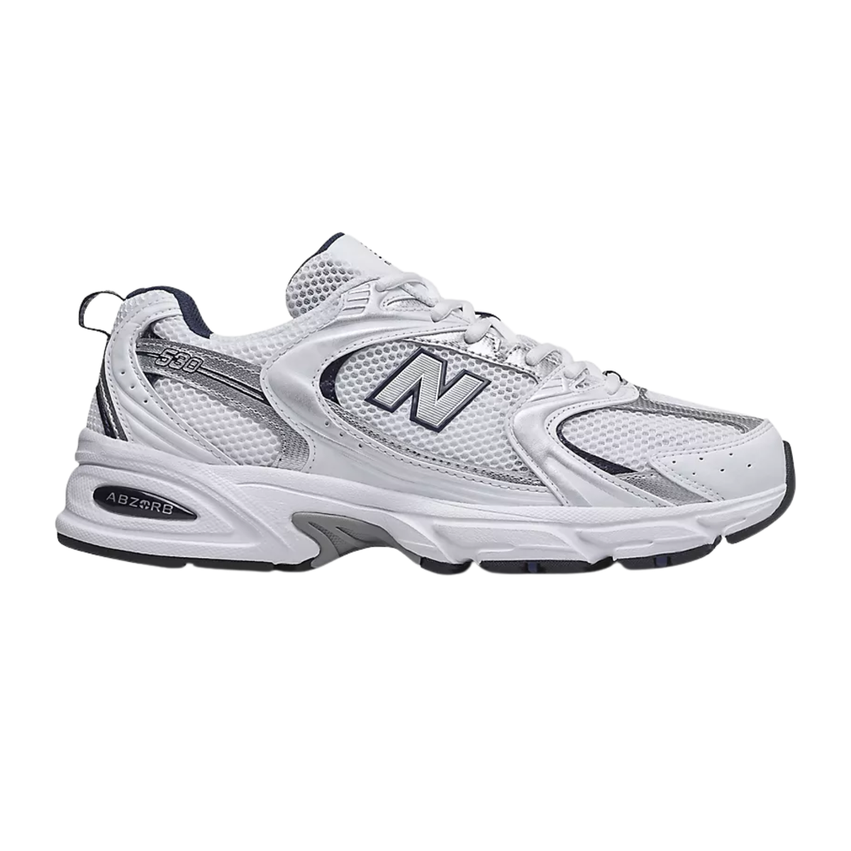 New Balance 530 White Indigo bianche con dettagli argento e blu, vista laterale con logo N e intersuola ABZORB