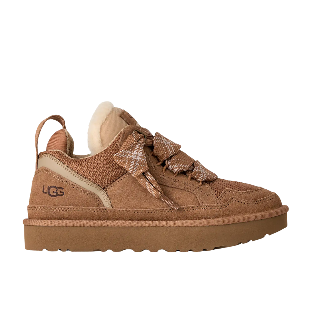 UGG Lowmel donna marroni, vista laterale con tomaia in camoscio e mesh e lacci bicolore